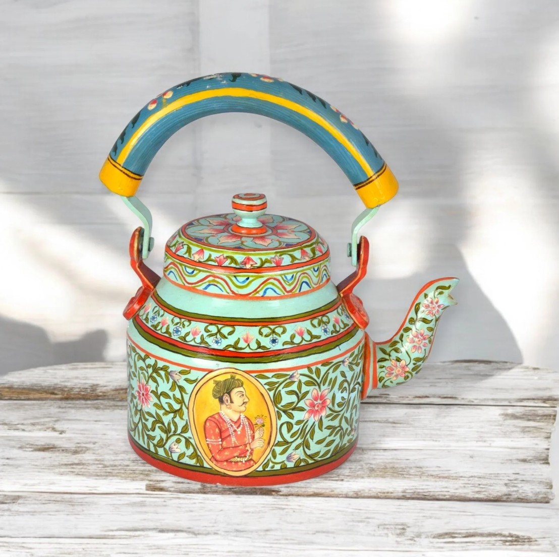 Mughal Hand Painted Aluminum Tea Kettle Green With Gold Top Red Mughal Hand Painted Aluminum Tea Kettle Green With Gold Top Red